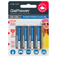 00-00015601 Super Power Alkaline Элемент питания AA/LR6 щелочной 1.5В, 4шт, GoPower 00-00015601 Super Power Alkaline Элемент питания AA/LR6 щелочной 1.5В, 4шт, GoPower
