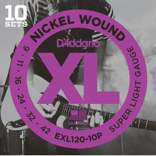EXL120-10P Nickel Wound Струны для электрогитары, Super Light, 9-42, 10 комплектов, D'Addario EXL120-10P Nickel Wound Струны для электрогитары, Super Light, 9-42, 10 комплектов, D'Addario