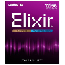 11075 POLYWEB Комплект струн для акустической гитары, Light-Medium, бронза 80/20, 12-56, Elixir