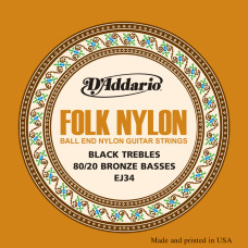 EJ34 Folk Nylon Струны для фолк гитары, шарики на концах, 80/20 бронза/черный нейлон, D'Addario