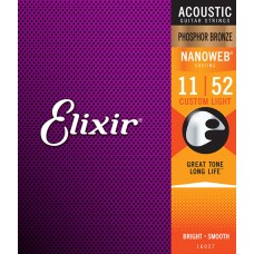 16027 NANOWEB Комплект струн для акустической гитары, Custom Light, фосфорная бронза, 11-52, Elixir